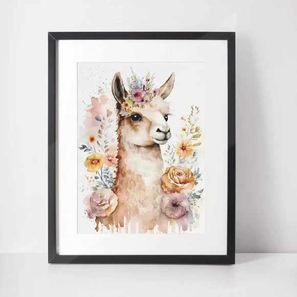 Watercolor Cute Floral Llama Wall Art Illustration Print Poster Card Unframed - Picture 2 of 6